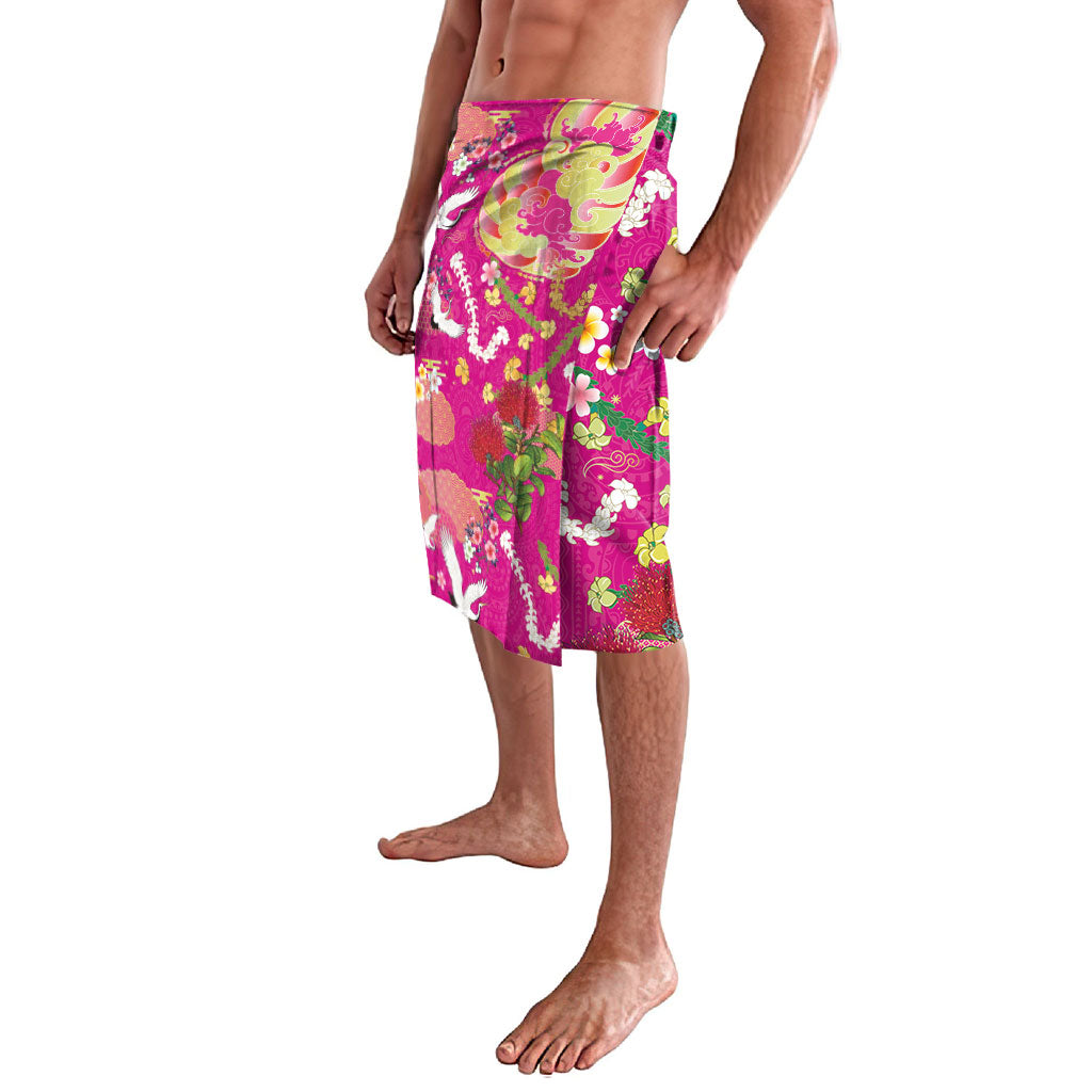 Hawaiian and Japanese Culture Together Lavalava Kakau Tribal Pattern and Irezumi Art Pink Color