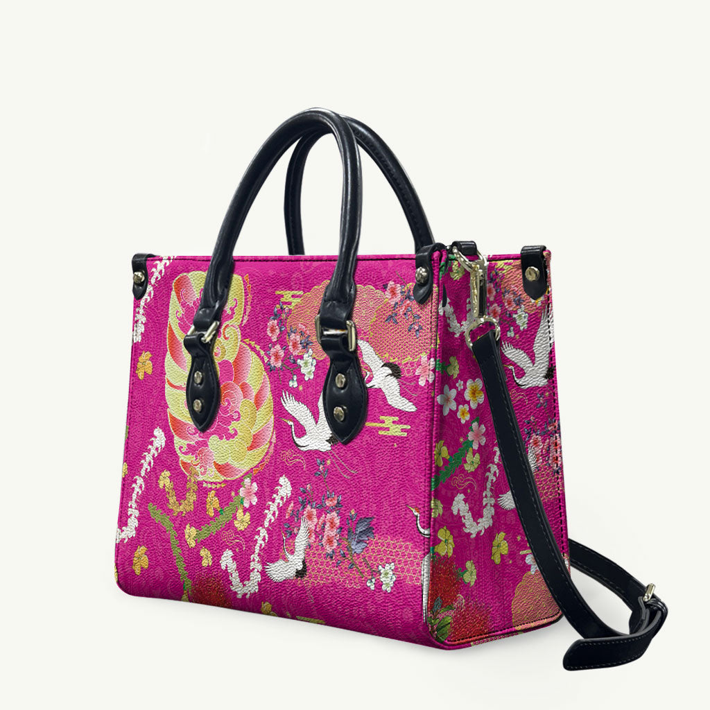 Hawaiian and Japanese Culture Together Leather Bag Kakau Tribal Pattern and Irezumi Art Pink Color