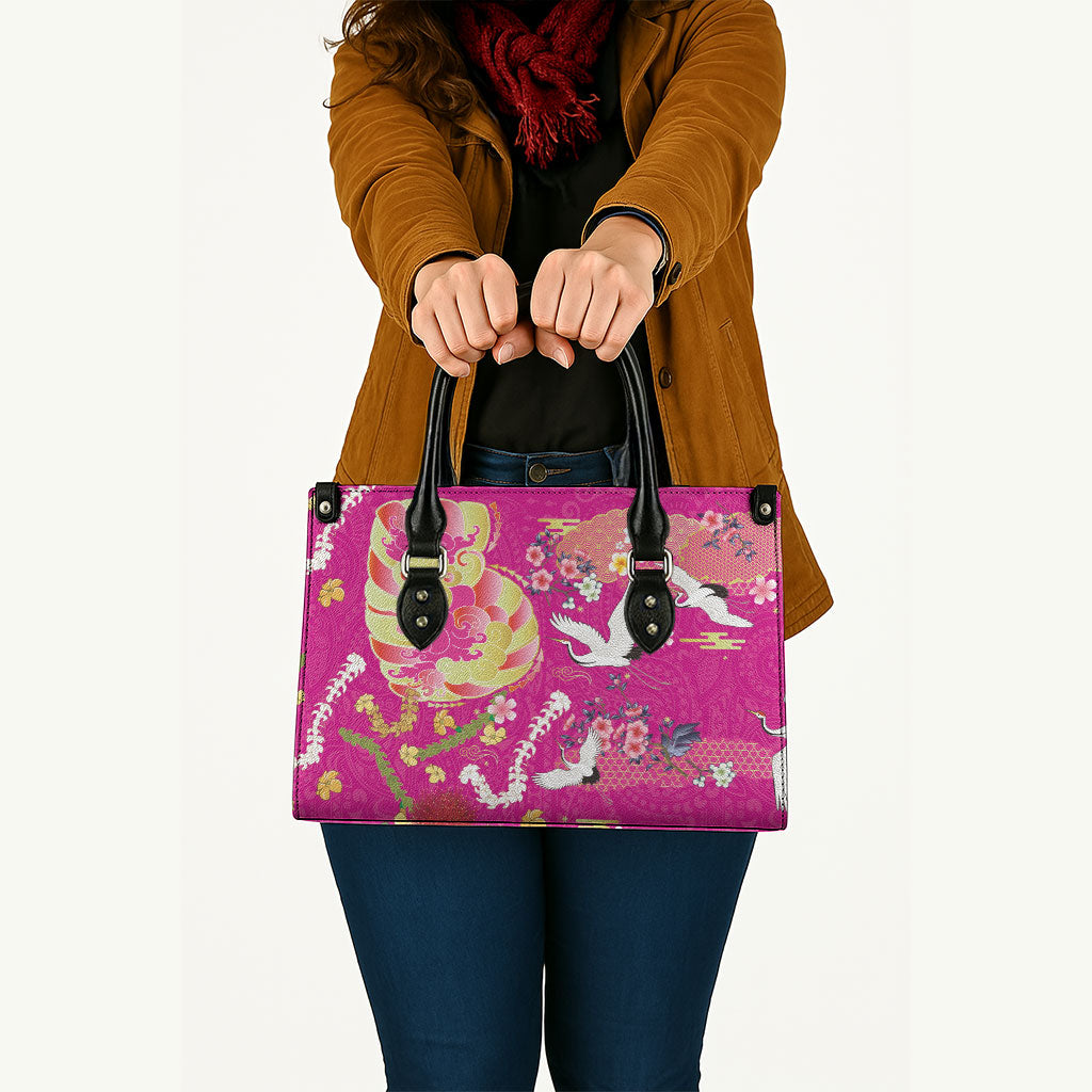 Hawaiian and Japanese Culture Together Leather Bag Kakau Tribal Pattern and Irezumi Art Pink Color