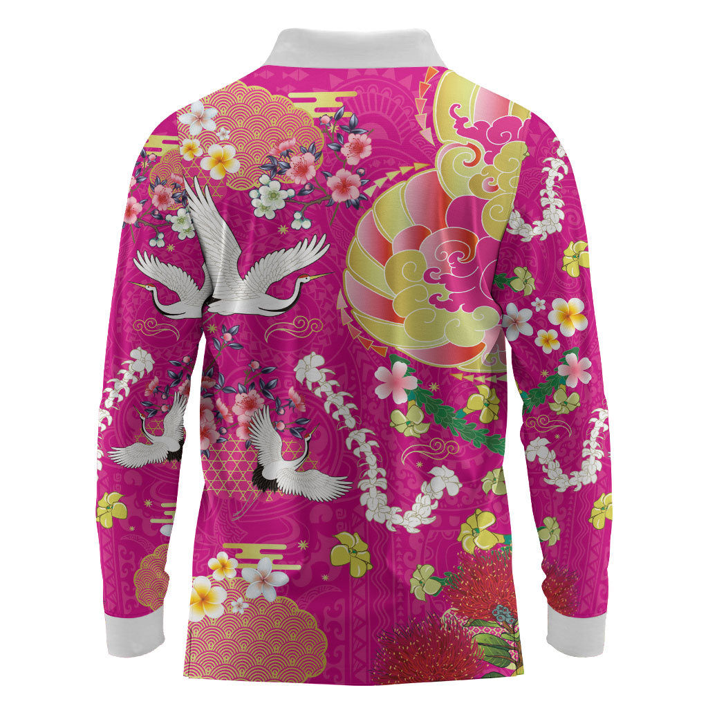 Hawaiian and Japanese Culture Together Long Sleeve Polo Shirt Kakau Tribal Pattern and Irezumi Art Pink Color