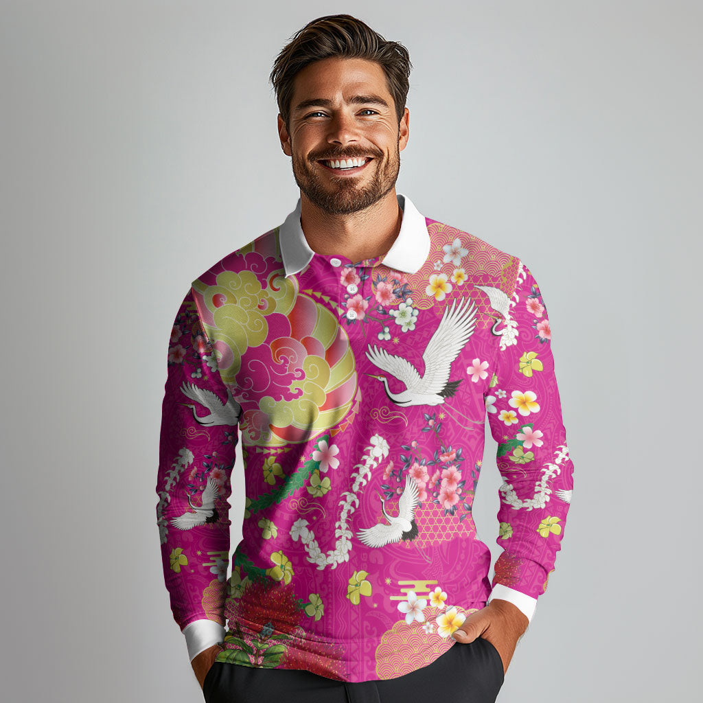 Hawaiian and Japanese Culture Together Long Sleeve Polo Shirt Kakau Tribal Pattern and Irezumi Art Pink Color