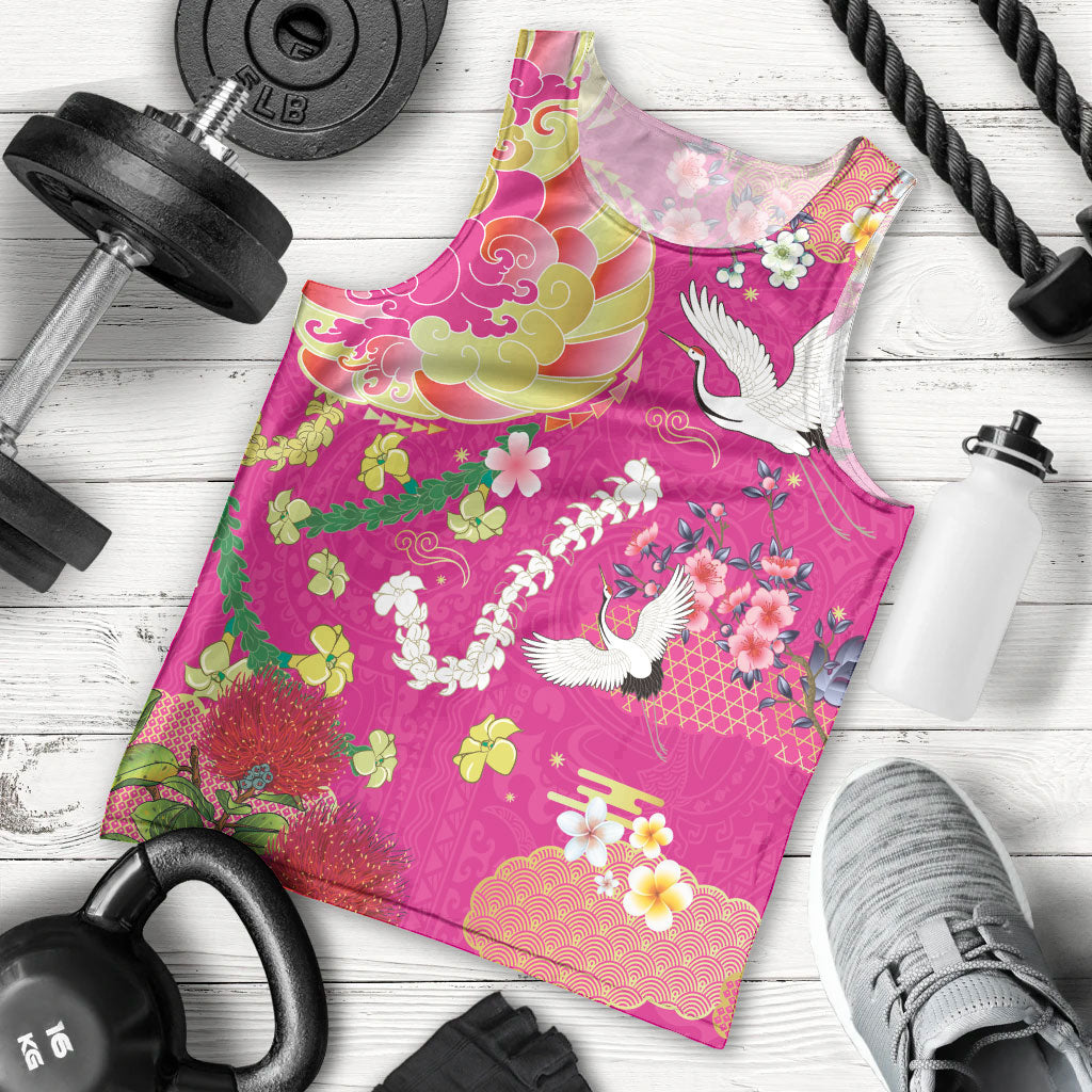 Hawaiian and Japanese Culture Together Men Tank Top Kakau Tribal Pattern and Irezumi Art Pink Color