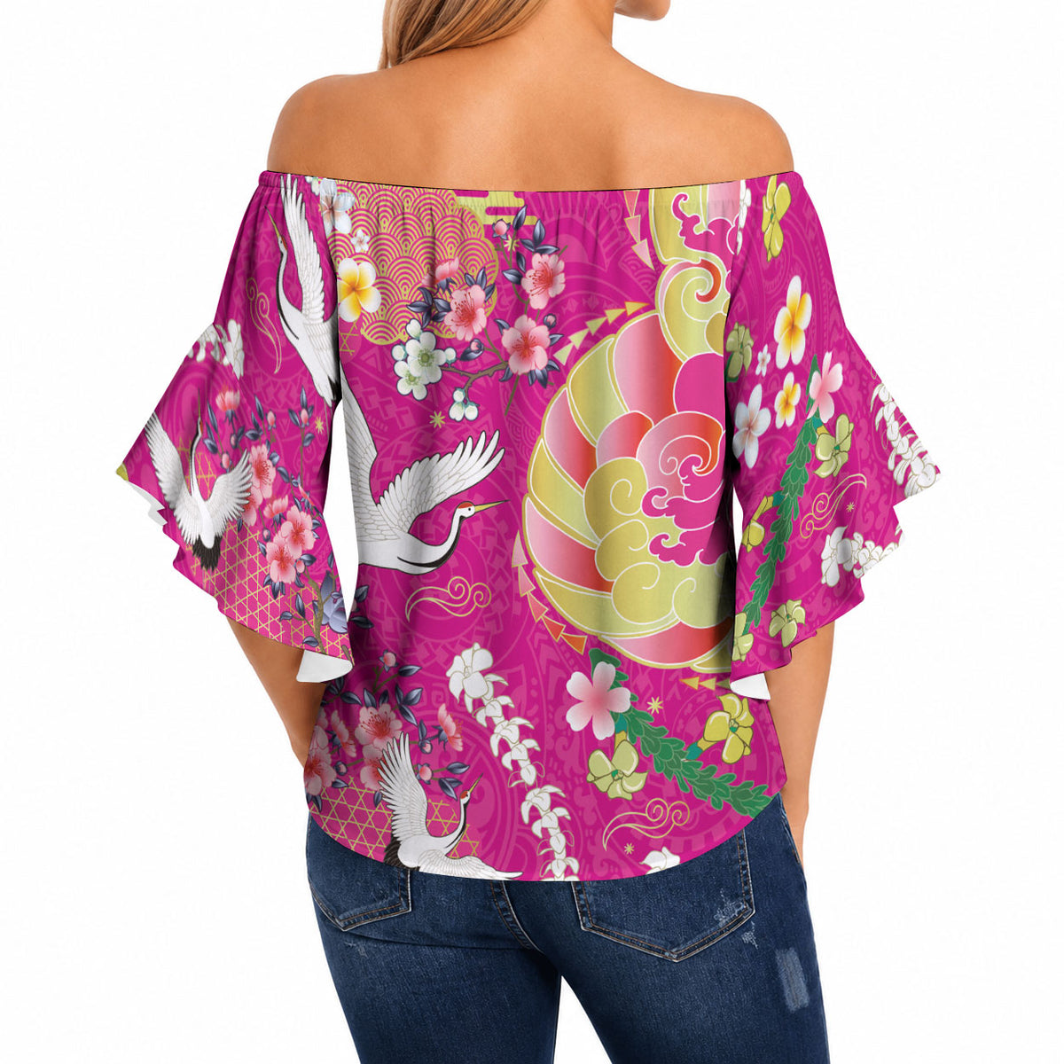 Hawaiian and Japanese Culture Together Off Shoulder Wrap Waist Top Kakau Tribal Pattern and Irezumi Art Pink Color LT03 - Polynesian Pride