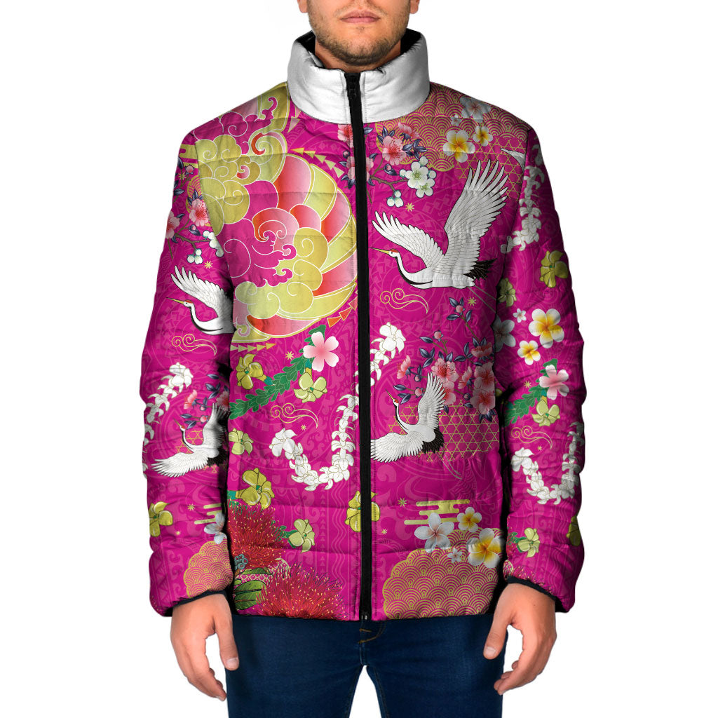 Hawaiian and Japanese Culture Together Padded Jacket Kakau Tribal Pattern and Irezumi Art Pink Color