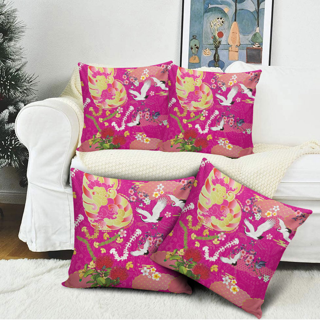 Hawaiian and Japanese Culture Together Pillow Cover Kakau Tribal Pattern and Irezumi Art Pink Color LT03 - Polynesian Pride