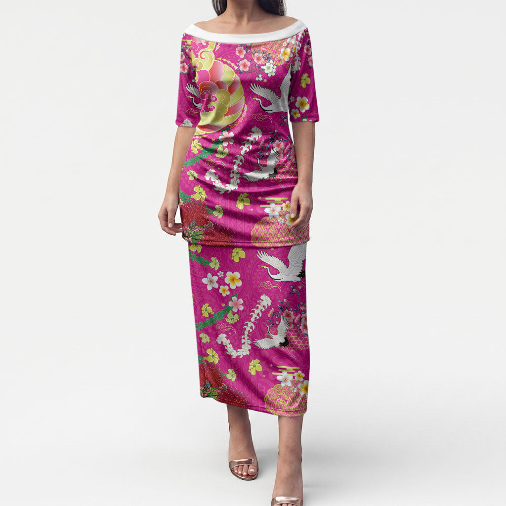 Hawaiian and Japanese Culture Together Puletasi Kakau Tribal Pattern and Irezumi Art Pink Color