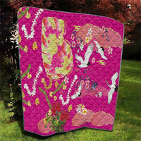 Hawaiian and Japanese Culture Together Quilt Kakau Tribal Pattern and Irezumi Art Pink Color