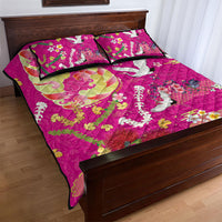 Hawaiian and Japanese Culture Together Quilt Bed Set Kakau Tribal Pattern and Irezumi Art Pink Color