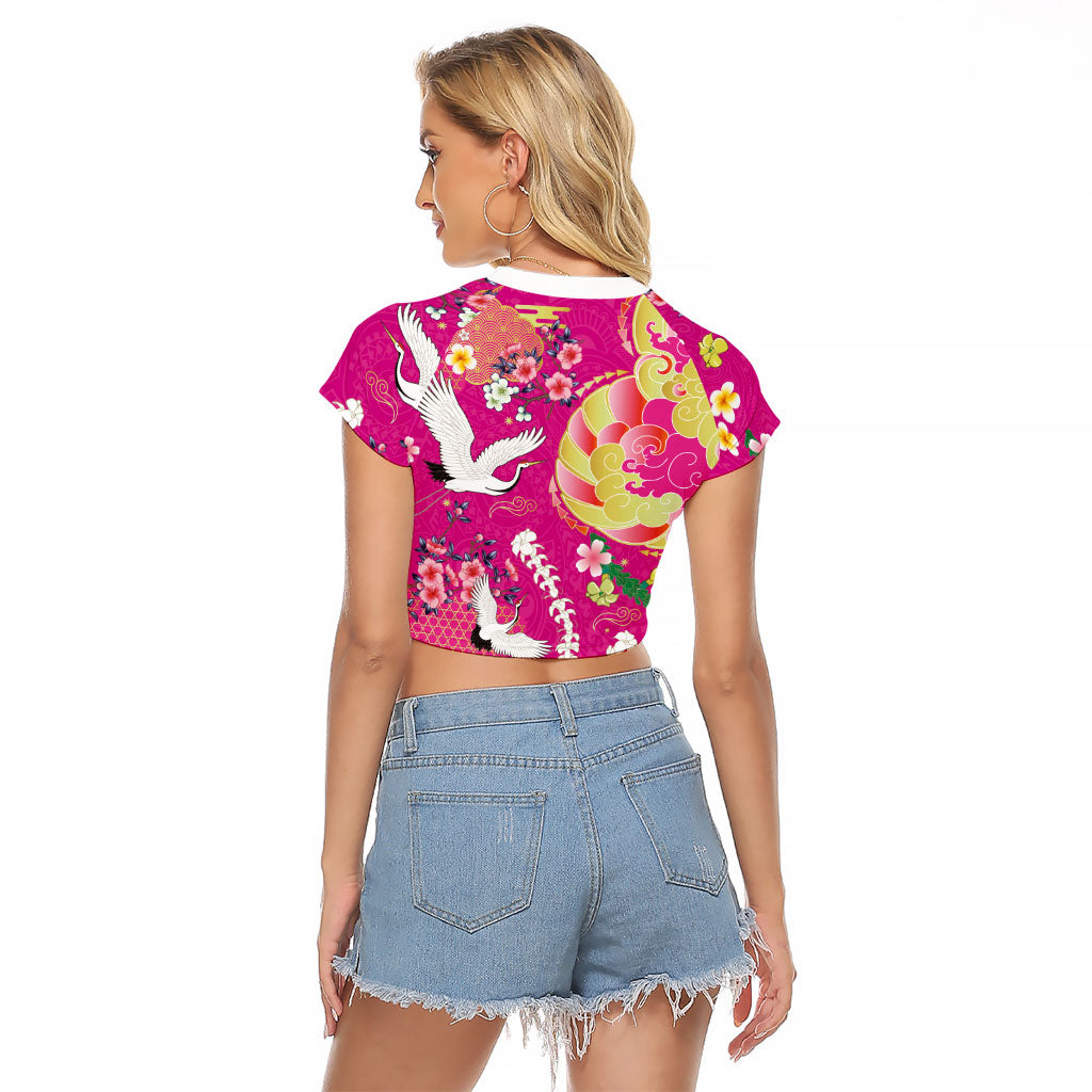 Hawaiian and Japanese Culture Together Raglan Cropped T Shirt Kakau Tribal Pattern and Irezumi Art Pink Color