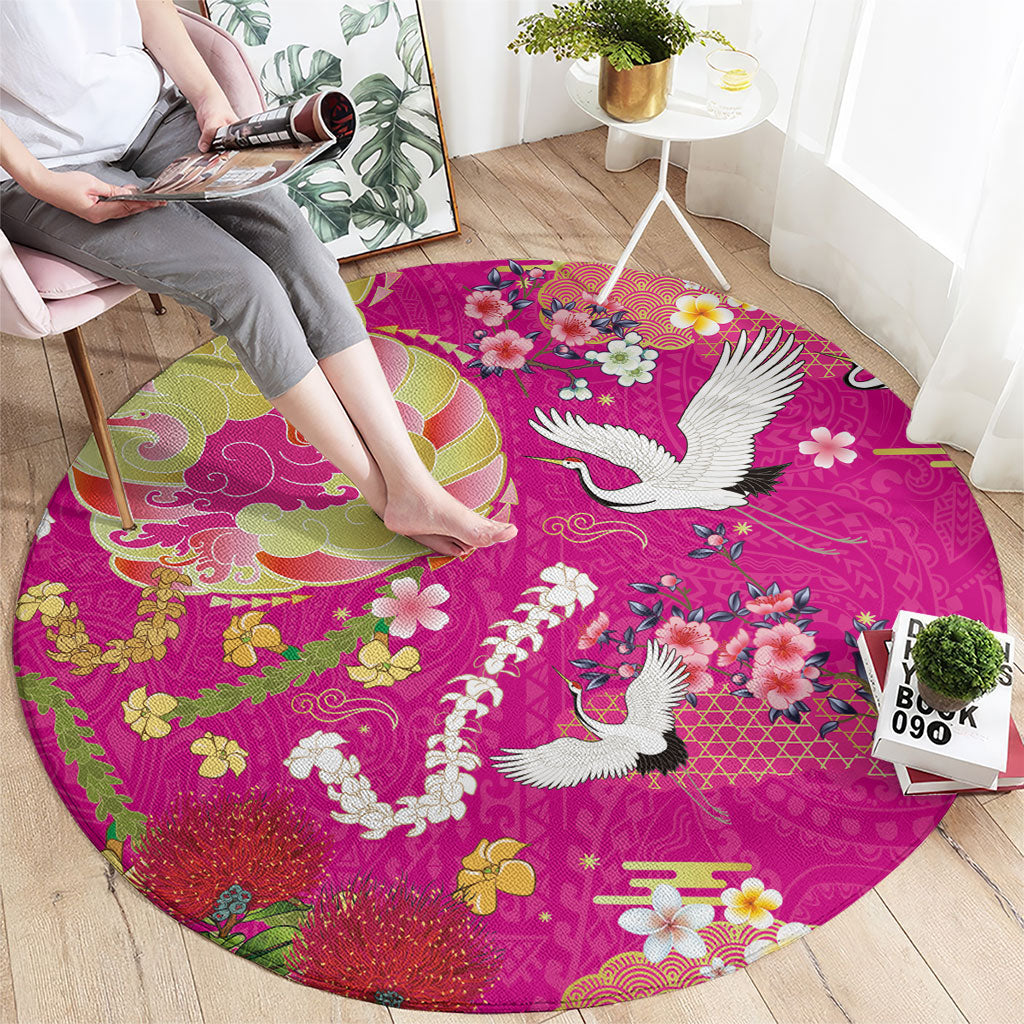 Hawaiian and Japanese Culture Together Round Carpet Kakau Tribal Pattern and Irezumi Art Pink Color