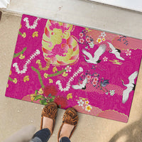 Hawaiian and Japanese Culture Together Rubber Doormat Kakau Tribal Pattern and Irezumi Art Pink Color