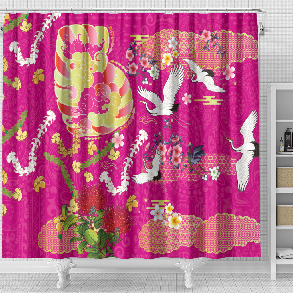 Hawaiian and Japanese Culture Together Shower Curtain Kakau Tribal Pattern and Irezumi Art Pink Color