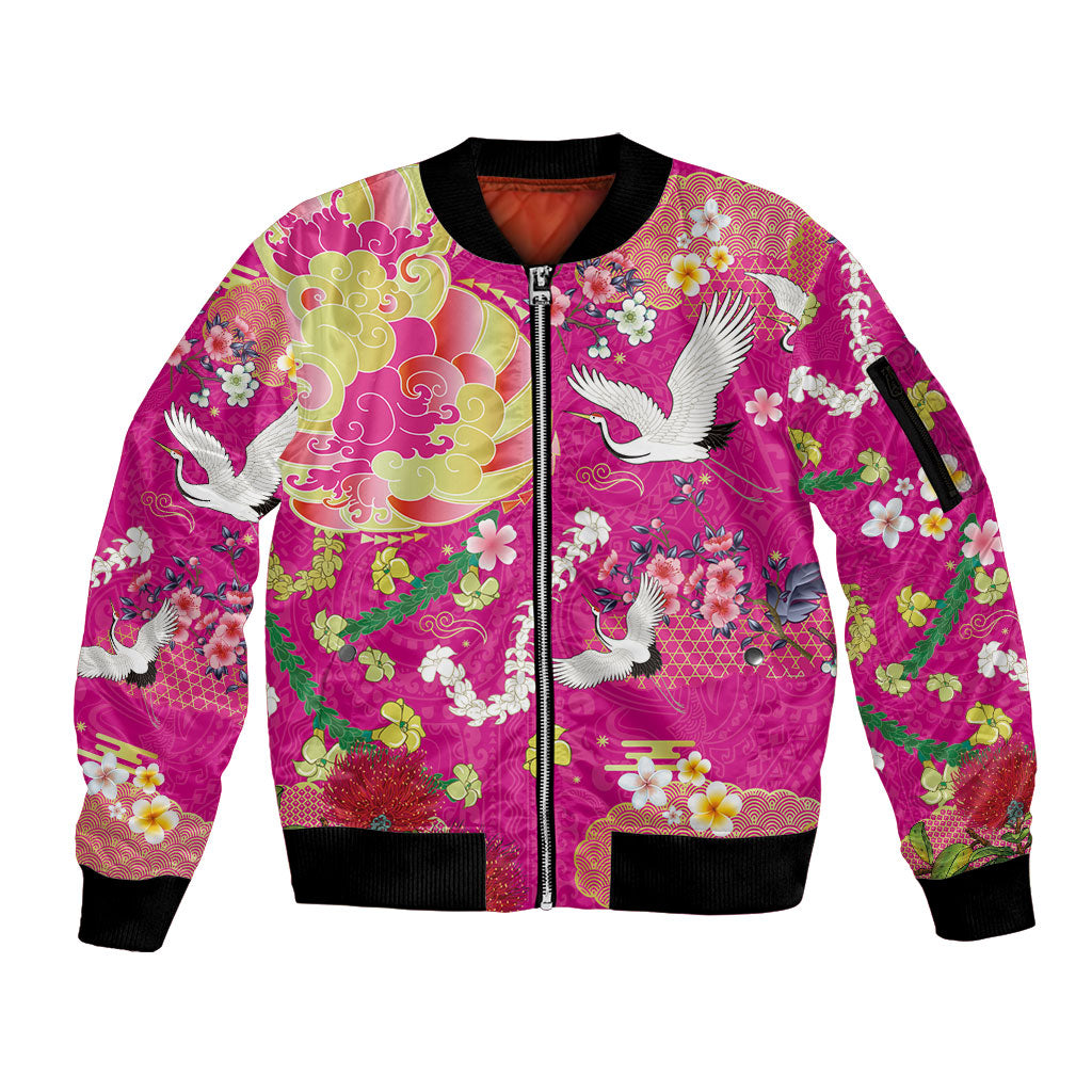 Hawaiian and Japanese Culture Together Sleeve Zip Bomber Jacket Kakau Tribal Pattern and Irezumi Art Pink Color LT03 Unisex Pink - Polynesian Pride