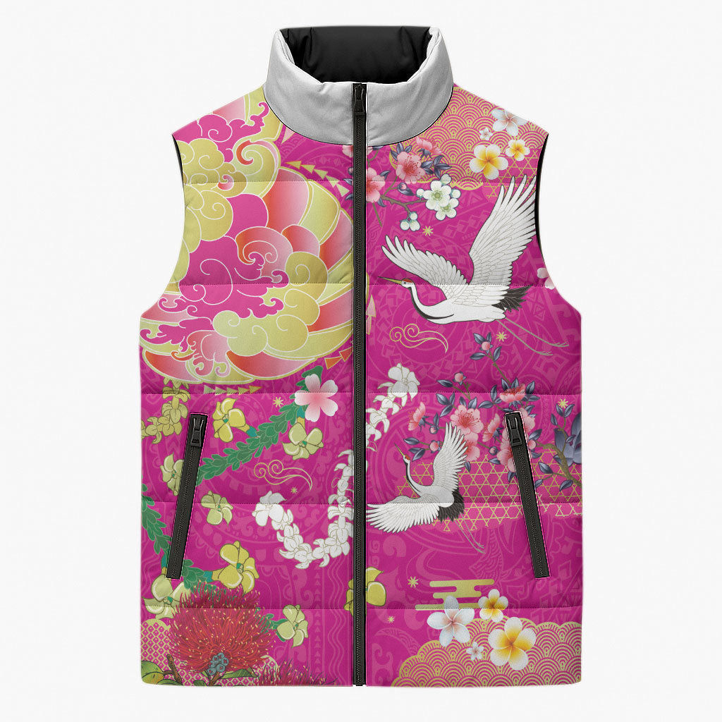 Hawaiian and Japanese Culture Together Sleeveless Puffer Jacket Kakau Tribal Pattern and Irezumi Art Pink Color