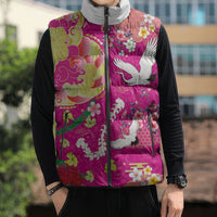 Hawaiian and Japanese Culture Together Sleeveless Puffer Jacket Kakau Tribal Pattern and Irezumi Art Pink Color