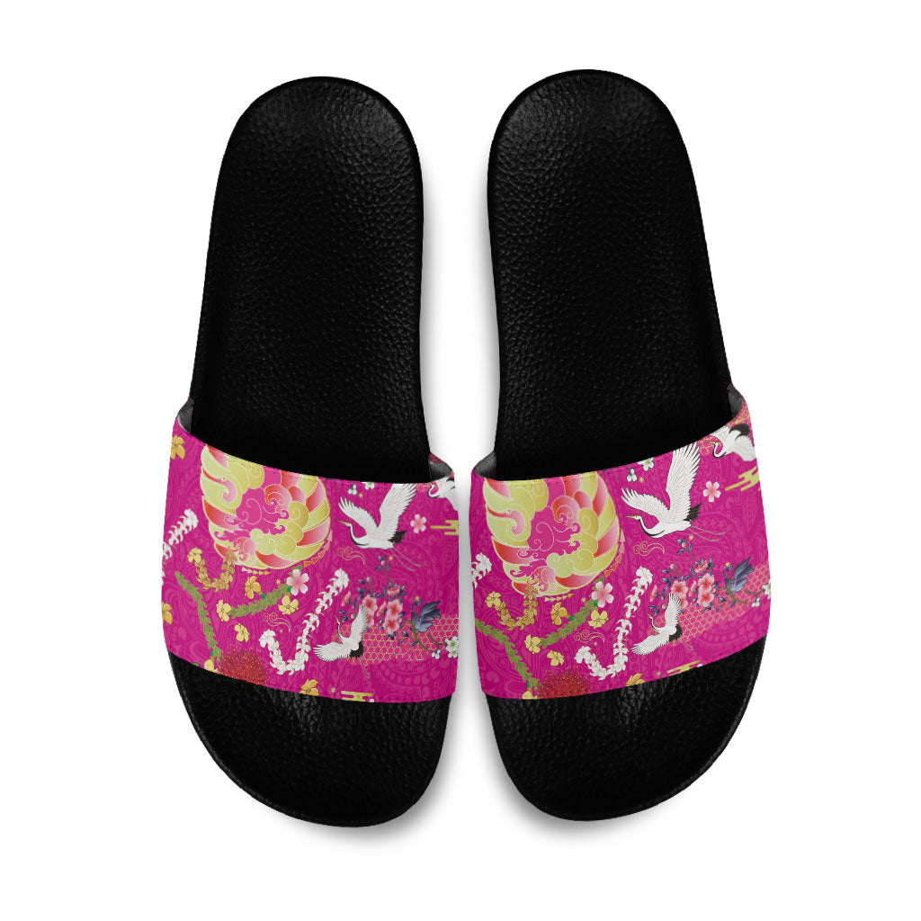 Hawaiian and Japanese Culture Together Slide Sandals Kakau Tribal Pattern and Irezumi Art Pink Color
