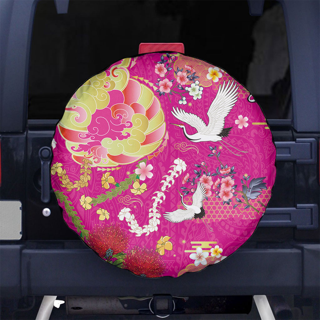 Hawaiian and Japanese Culture Together Spare Tire Cover Kakau Tribal Pattern and Irezumi Art Pink Color