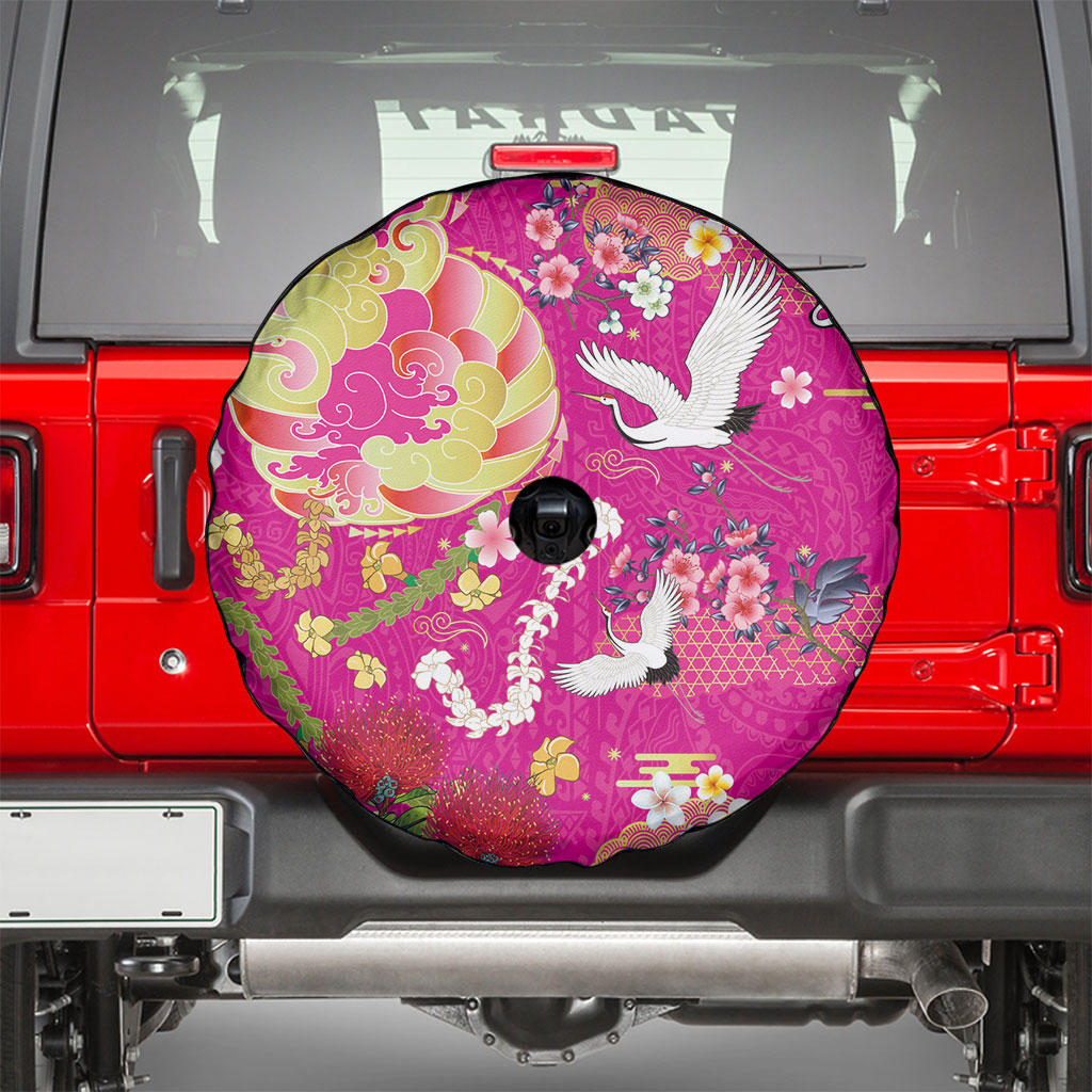 Hawaiian and Japanese Culture Together Spare Tire Cover Kakau Tribal Pattern and Irezumi Art Pink Color