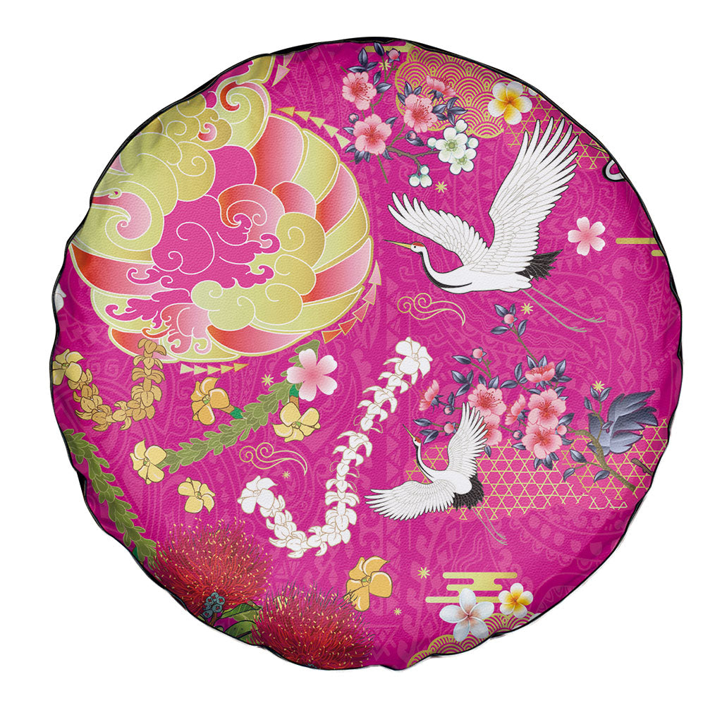 Hawaiian and Japanese Culture Together Spare Tire Cover Kakau Tribal Pattern and Irezumi Art Pink Color