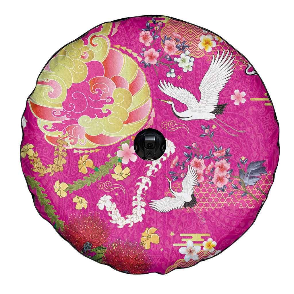 Hawaiian and Japanese Culture Together Spare Tire Cover Kakau Tribal Pattern and Irezumi Art Pink Color