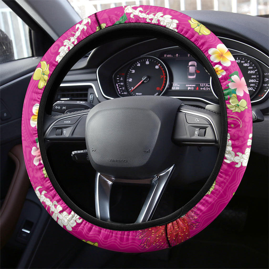 Hawaiian and Japanese Culture Together Steering Wheel Cover Kakau Tribal Pattern and Irezumi Art Pink Color LT03 - Polynesian Pride
