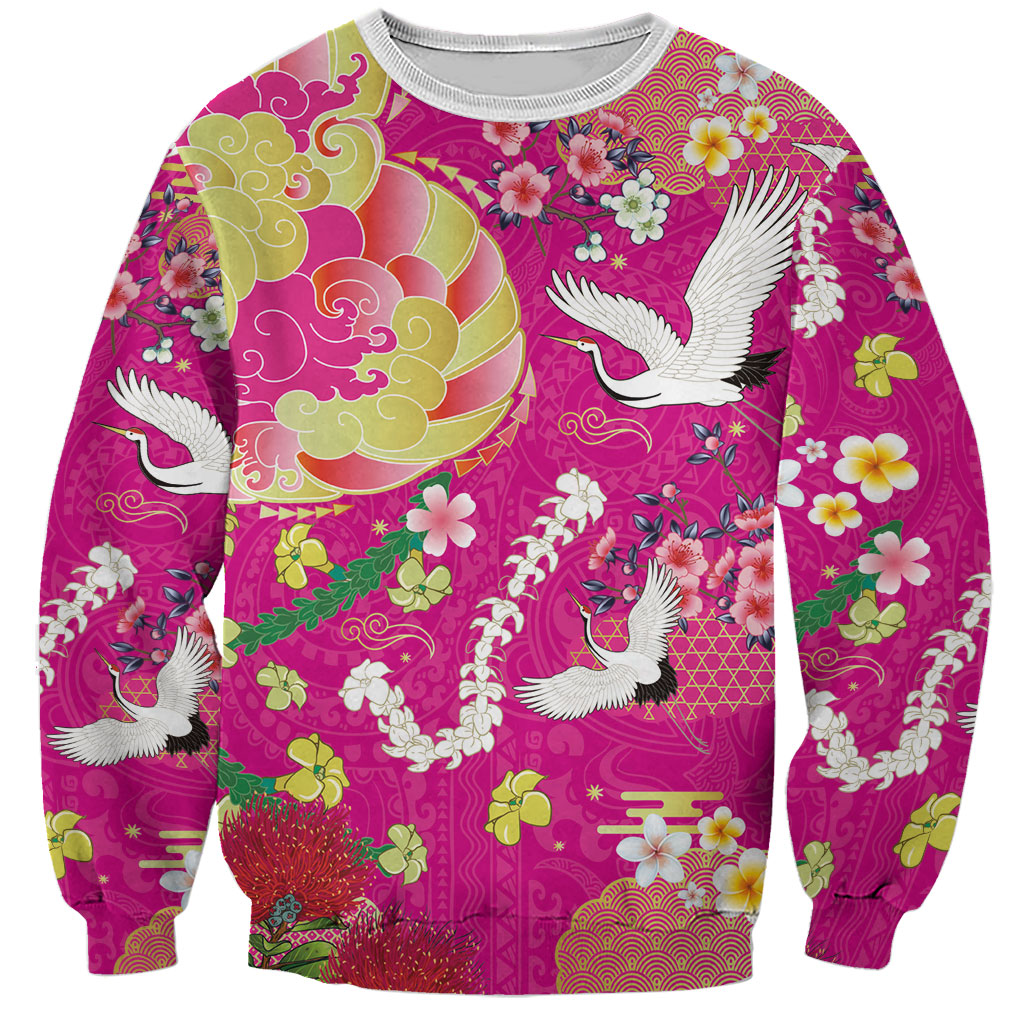 Hawaiian and Japanese Culture Together Sweatshirt Kakau Tribal Pattern and Irezumi Art Pink Color