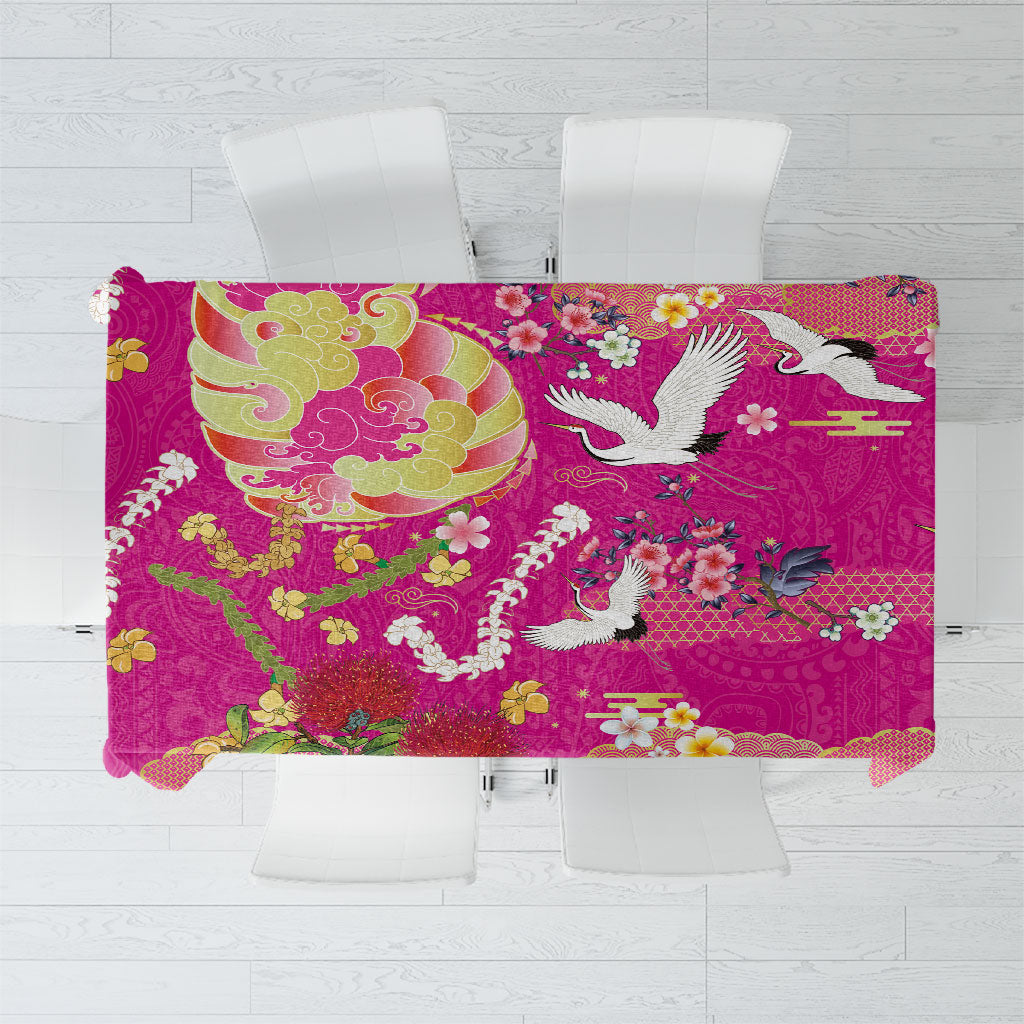 Hawaiian and Japanese Culture Together Tablecloth Kakau Tribal Pattern and Irezumi Art Pink Color