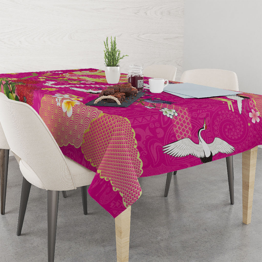 Hawaiian and Japanese Culture Together Tablecloth Kakau Tribal Pattern and Irezumi Art Pink Color