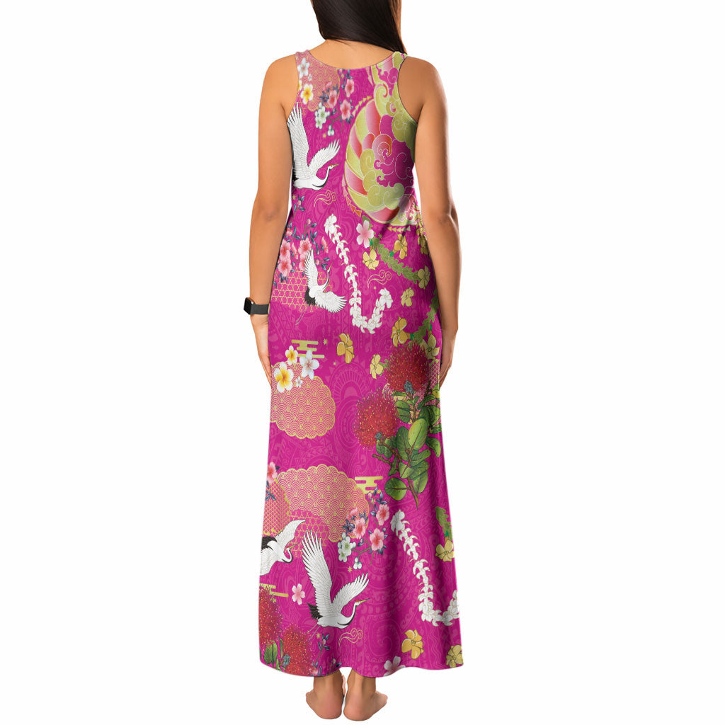 Hawaiian and Japanese Culture Together Tank Maxi Dress Kakau Tribal Pattern and Irezumi Art Pink Color