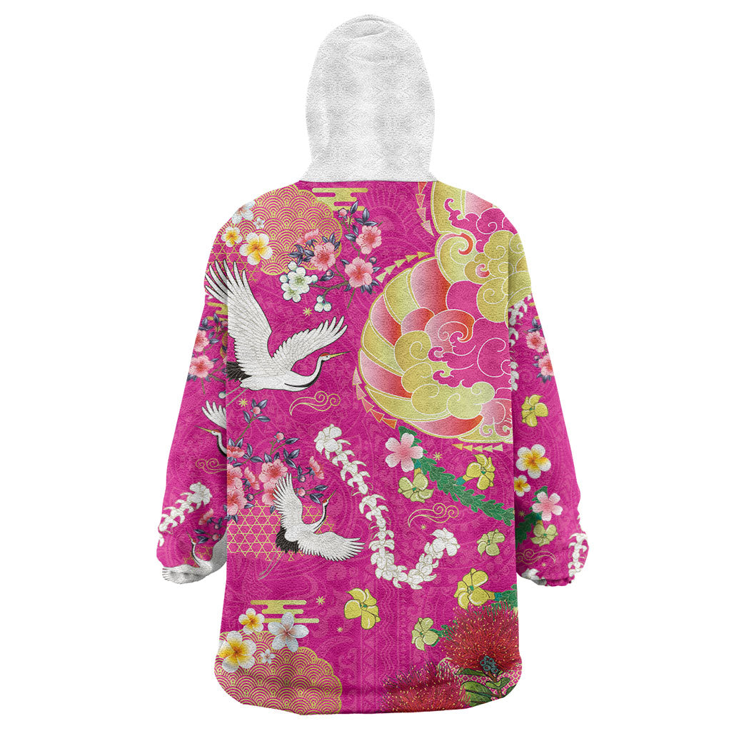 Hawaiian and Japanese Culture Together Wearable Blanket Hoodie Kakau Tribal Pattern and Irezumi Art Pink Color