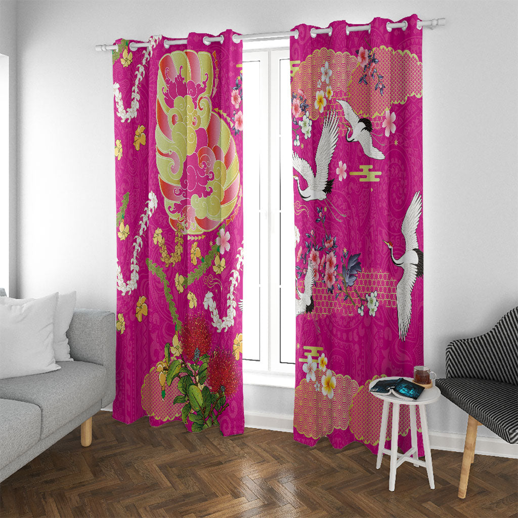 Hawaiian and Japanese Culture Together Window Curtain Kakau Tribal Pattern and Irezumi Art Pink Color