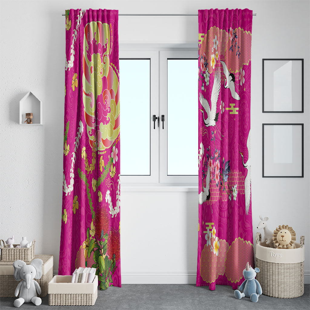 Hawaiian and Japanese Culture Together Window Curtain Kakau Tribal Pattern and Irezumi Art Pink Color