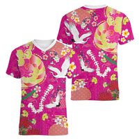 Hawaiian and Japanese Culture Together Women V-Neck T-Shirt Kakau Tribal Pattern and Irezumi Art Pink Color
