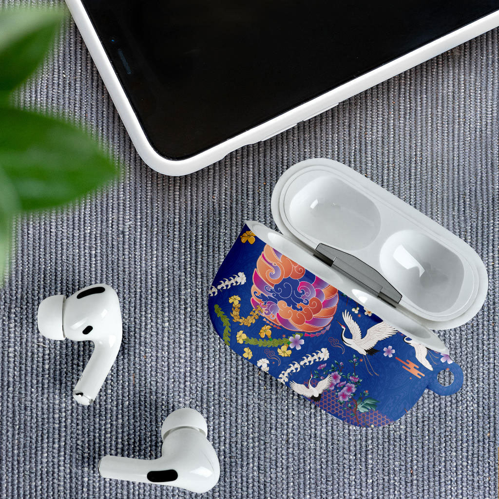Hawaiian and Japanese Culture Together AirPods Case Kakau Tribal Pattern and Irezumi Art Blue Color