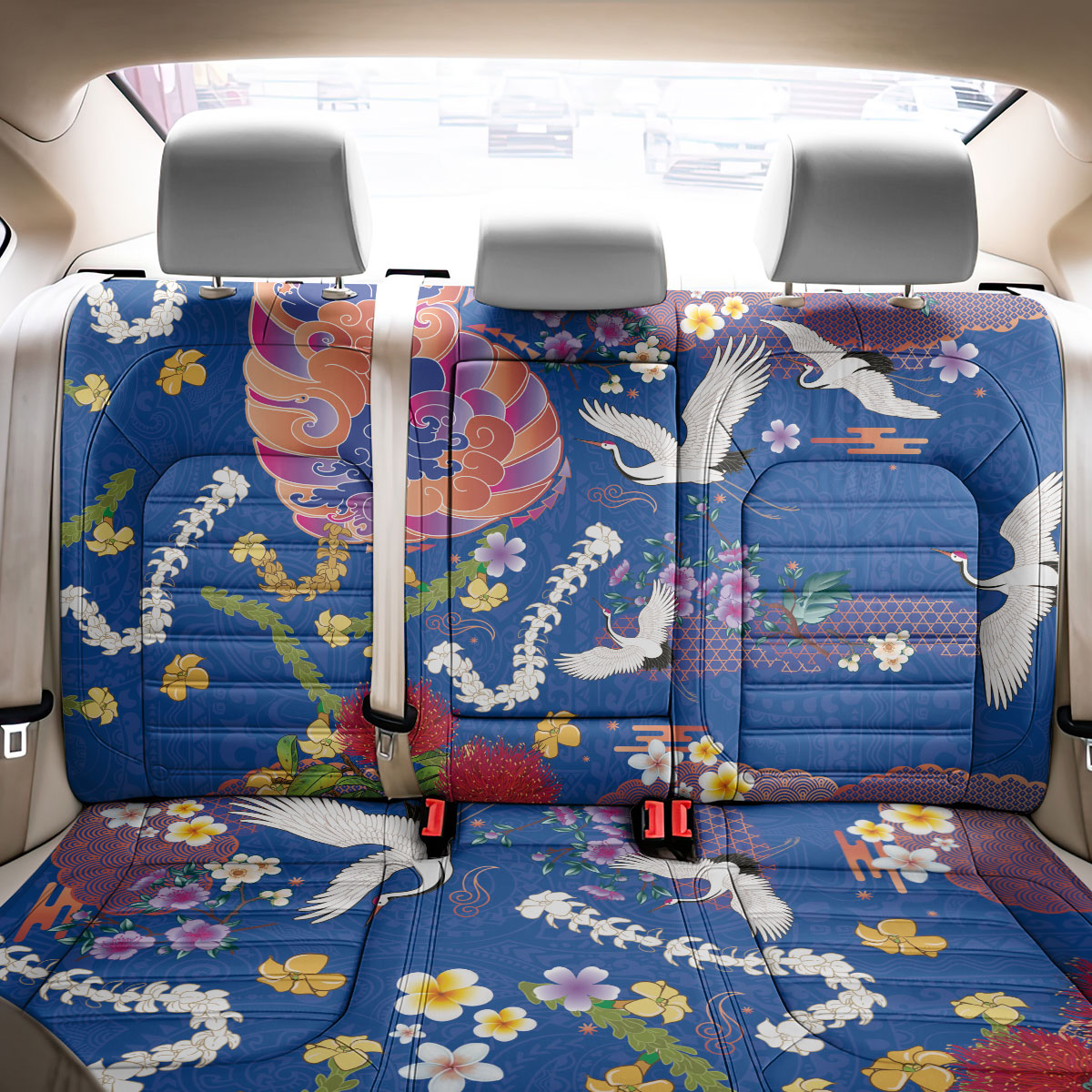 Hawaiian and Japanese Culture Together Back Car Seat Cover Kakau Tribal Pattern and Irezumi Art Blue Color