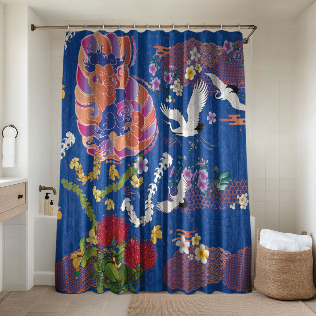 Hawaiian and Japanese Culture Together Bathroom Set Kakau Tribal Pattern and Irezumi Art Blue Color