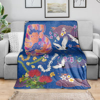 Hawaiian and Japanese Culture Together Blanket Kakau Tribal Pattern and Irezumi Art Blue Color