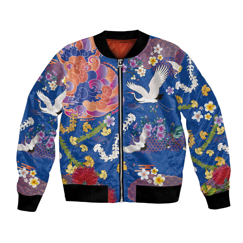 Hawaiian and Japanese Culture Together Bomber Jacket Kakau Tribal Pattern and Irezumi Art Blue Color LT03 Unisex Blue - Polynesian Pride