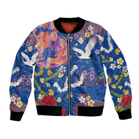 Hawaiian and Japanese Culture Together Bomber Jacket Kakau Tribal Pattern and Irezumi Art Blue Color
