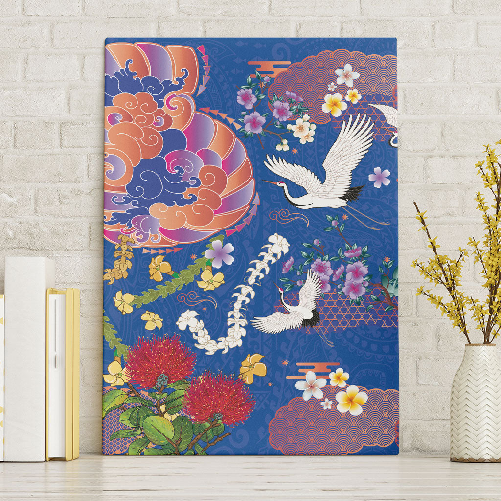 Hawaiian and Japanese Culture Together Canvas Wall Art Kakau Tribal Pattern and Irezumi Art Blue Color