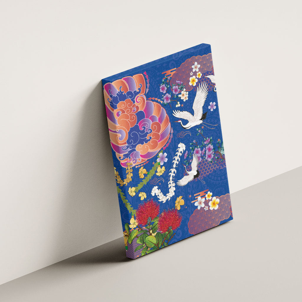 Hawaiian and Japanese Culture Together Canvas Wall Art Kakau Tribal Pattern and Irezumi Art Blue Color
