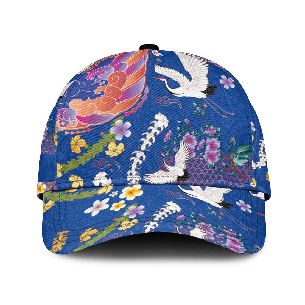 Hawaiian and Japanese Culture Together Classic Cap Kakau Tribal Pattern and Irezumi Art Blue Color