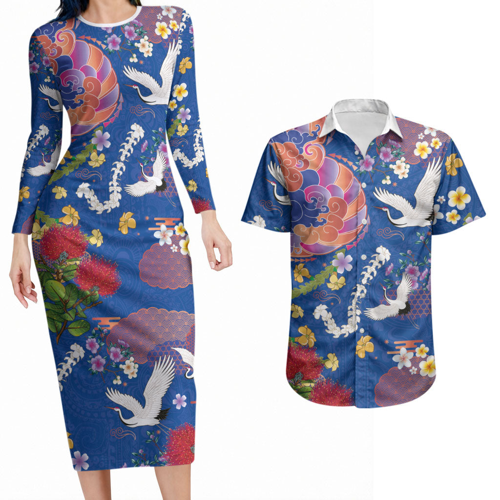 Hawaiian and Japanese Culture Together Couples Matching Long Sleeve Bodycon Dress and Hawaiian Shirt Kakau Tribal Pattern and Irezumi Art Blue Color