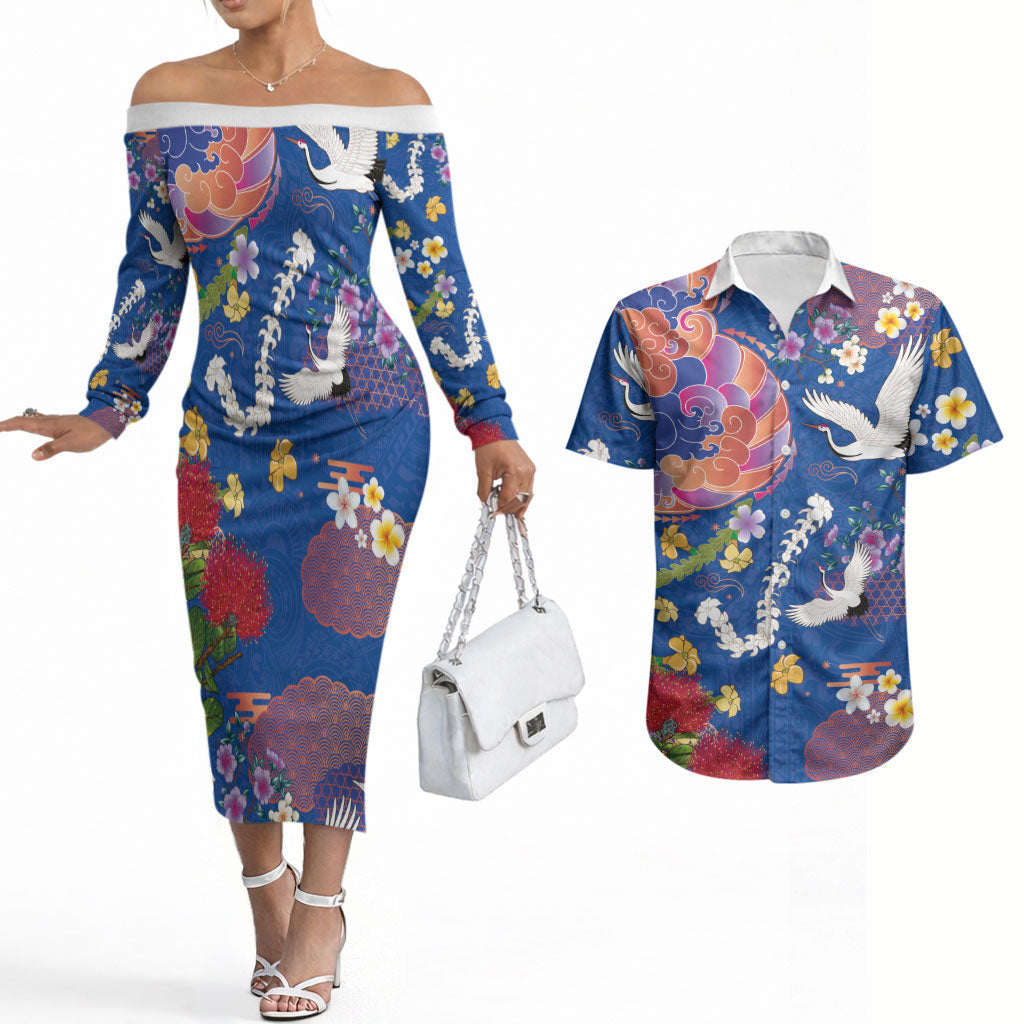 Hawaiian and Japanese Culture Together Couples Matching Off The Shoulder Long Sleeve Dress and Hawaiian Shirt Kakau Tribal Pattern and Irezumi Art Blue Color