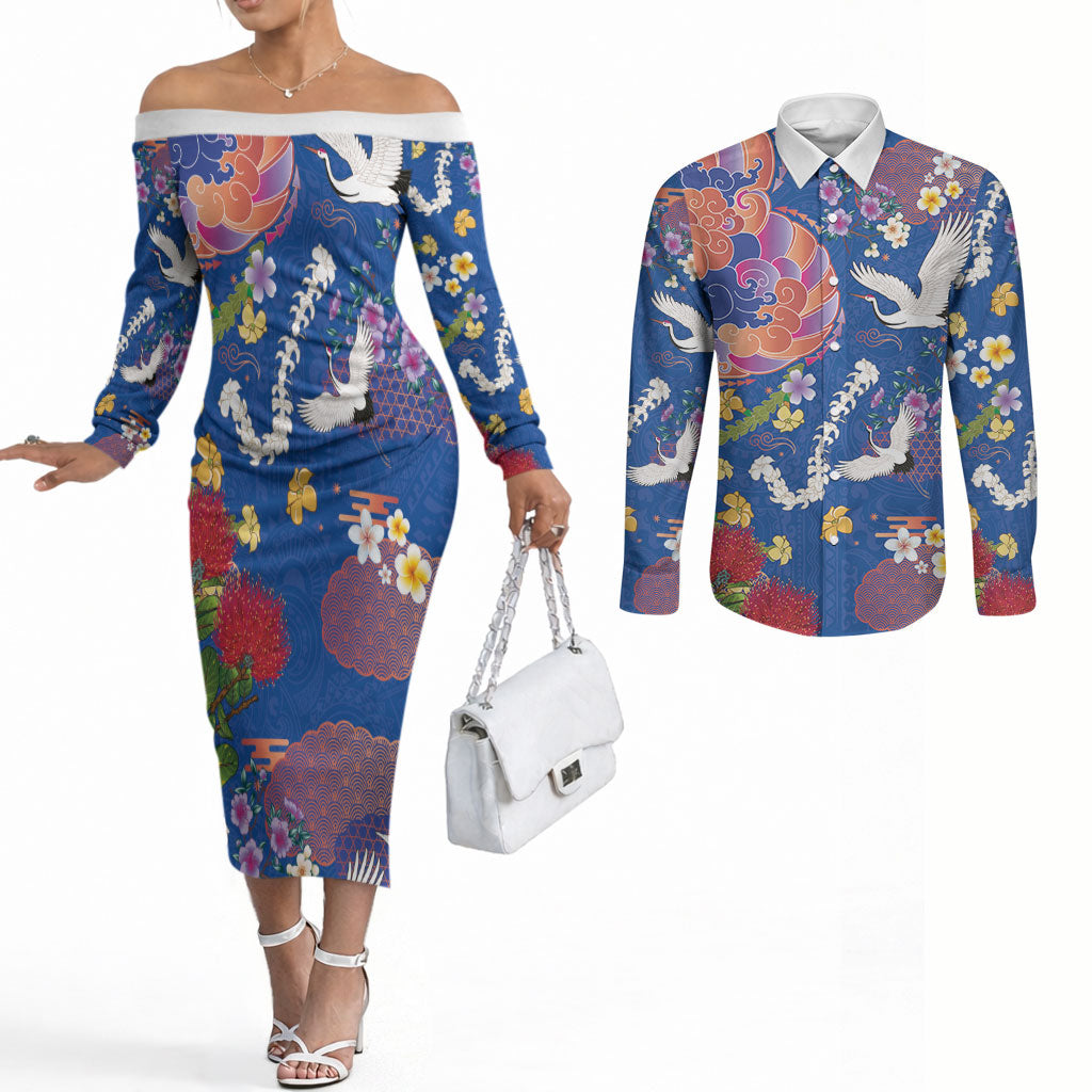 Hawaiian and Japanese Culture Together Couples Matching Off The Shoulder Long Sleeve Dress and Long Sleeve Button Shirt Kakau Tribal Pattern and Irezumi Art Blue Color