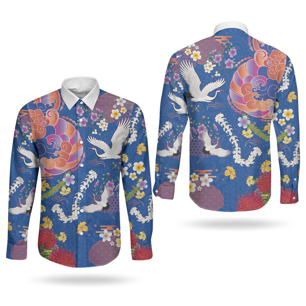 Hawaiian and Japanese Culture Together Couples Matching Off The Shoulder Long Sleeve Dress and Long Sleeve Button Shirt Kakau Tribal Pattern and Irezumi Art Blue Color