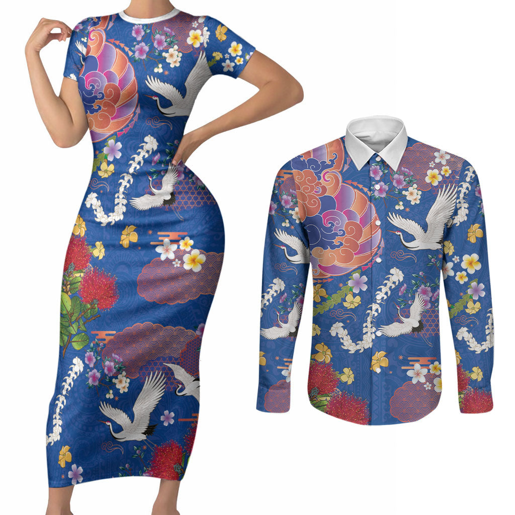 Hawaiian and Japanese Culture Together Couples Matching Short Sleeve Bodycon Dress and Long Sleeve Button Shirt Kakau Tribal Pattern and Irezumi Art Blue Color LT03 Blue - Polynesian Pride