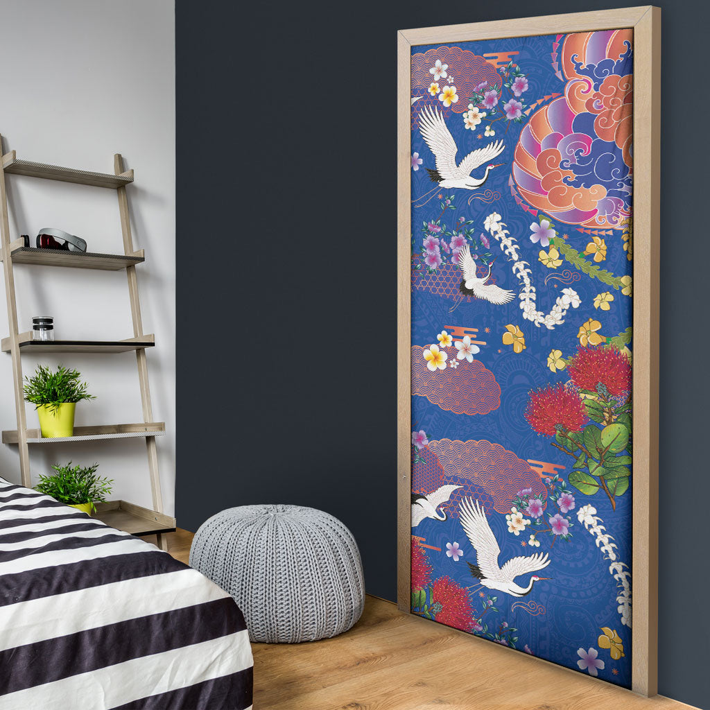 Hawaiian and Japanese Culture Together Door Cover Kakau Tribal Pattern and Irezumi Art Blue Color