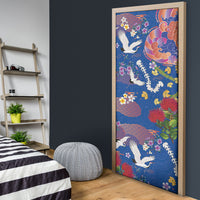 Hawaiian and Japanese Culture Together Door Cover Kakau Tribal Pattern and Irezumi Art Blue Color