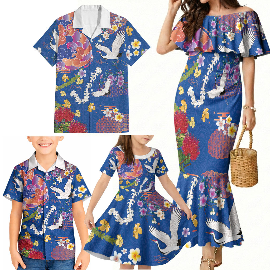 Hawaiian and Japanese Culture Together Family Matching Mermaid Dress and Hawaiian Shirt Kakau Tribal Pattern and Irezumi Art Blue Color